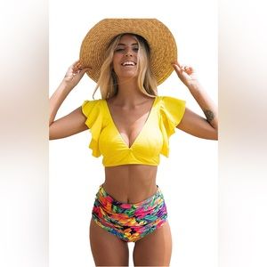 NWT SPORLIKE Women Ruffle High Waist Swimsuit Two Pieces Push Up Tropical Print
